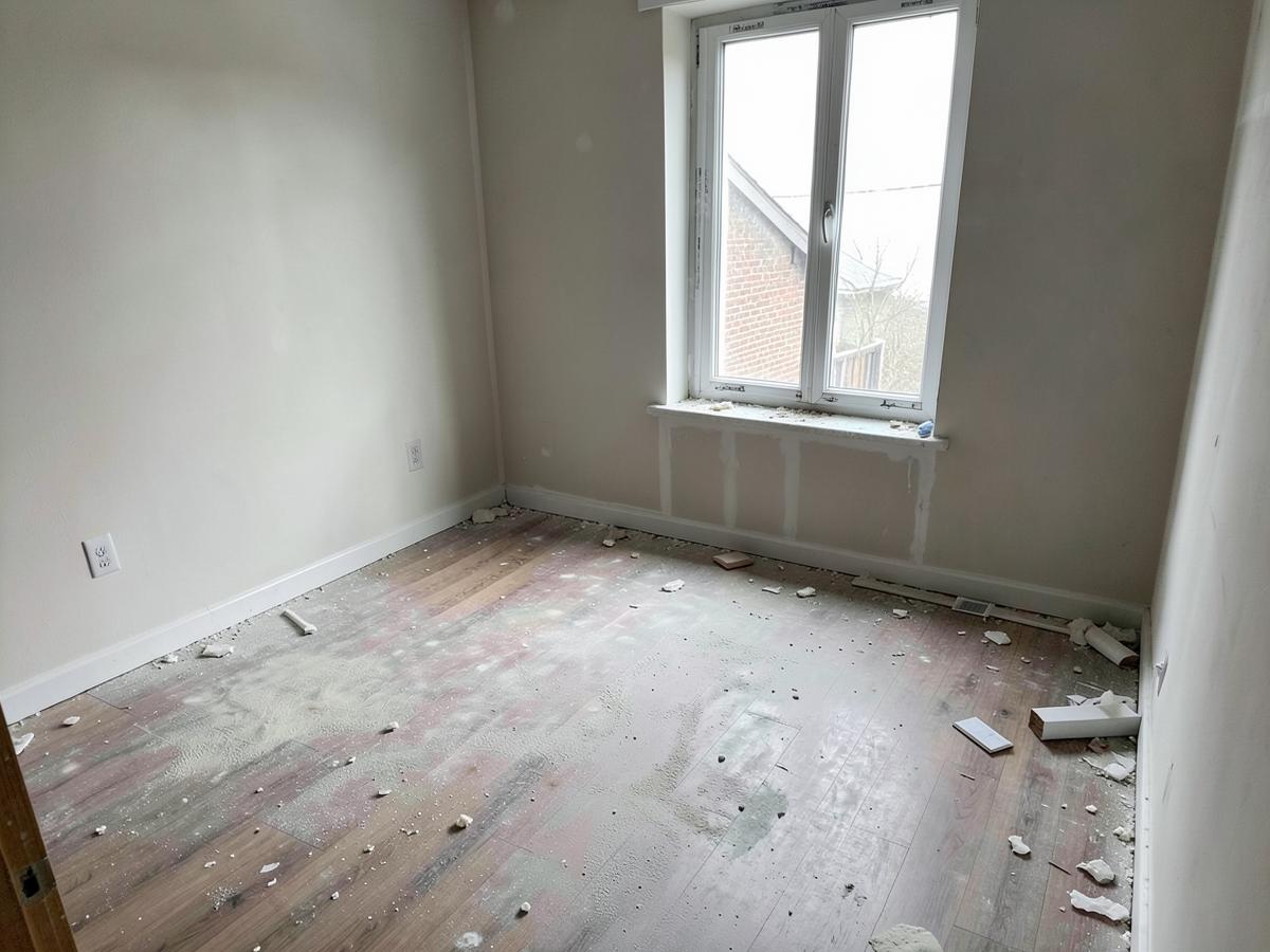 Room after construction with drywall dust and debris on the floor