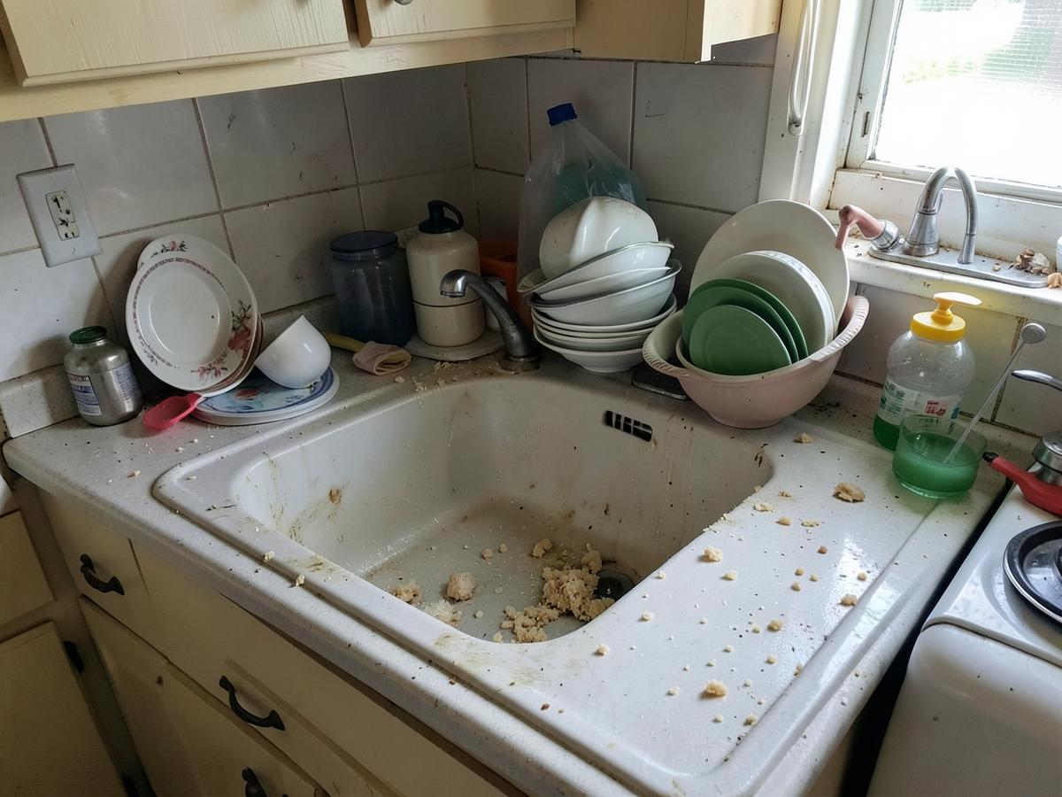 Cluttered kitchen counter and sink before cleaning