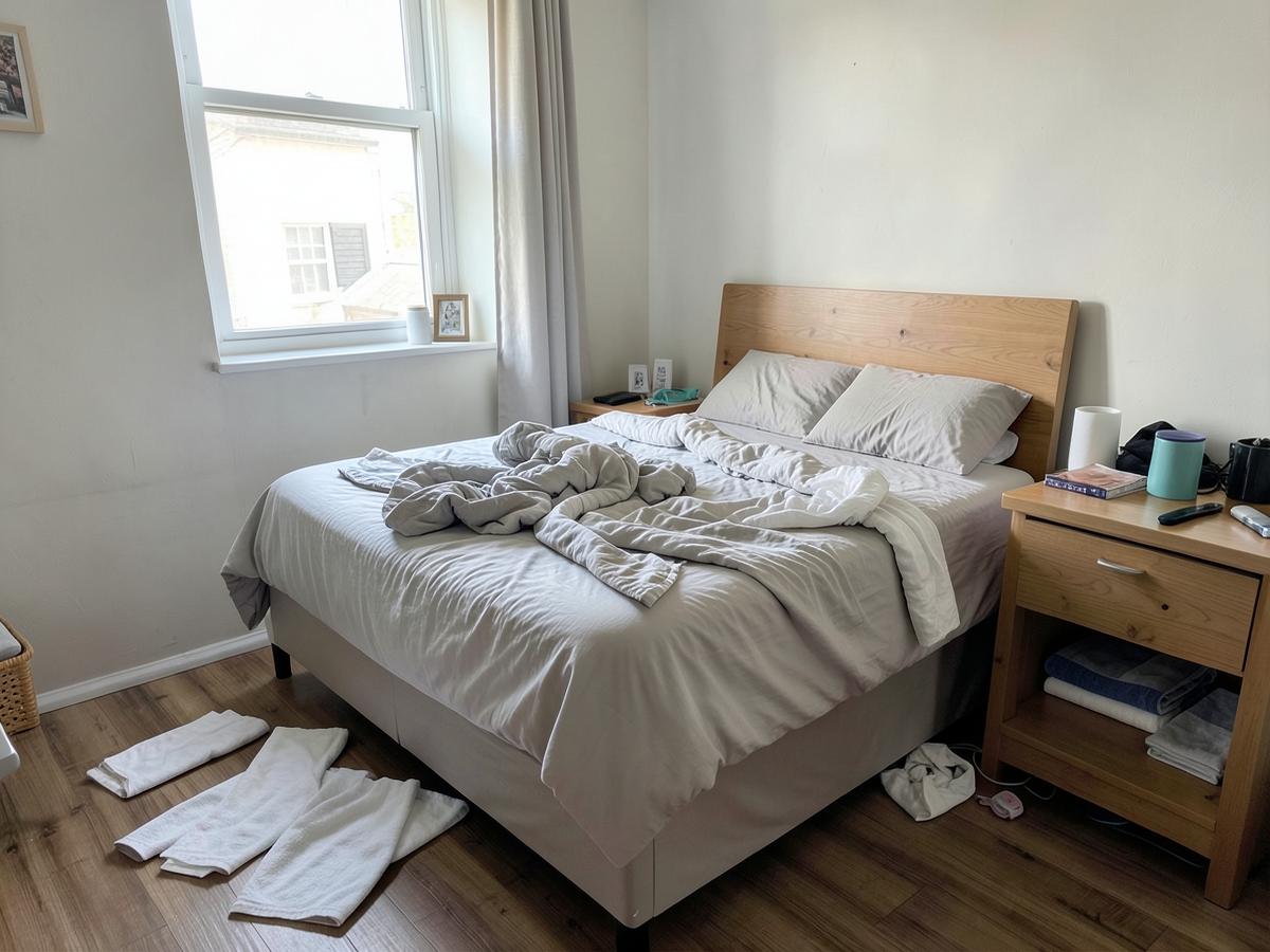 Rental bedroom left unmade after a guest checkout