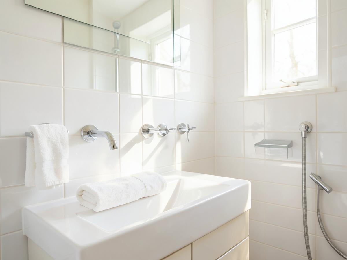 Bright, spotless bathroom with gleaming tile and chrome fixtures after a deep cleaning