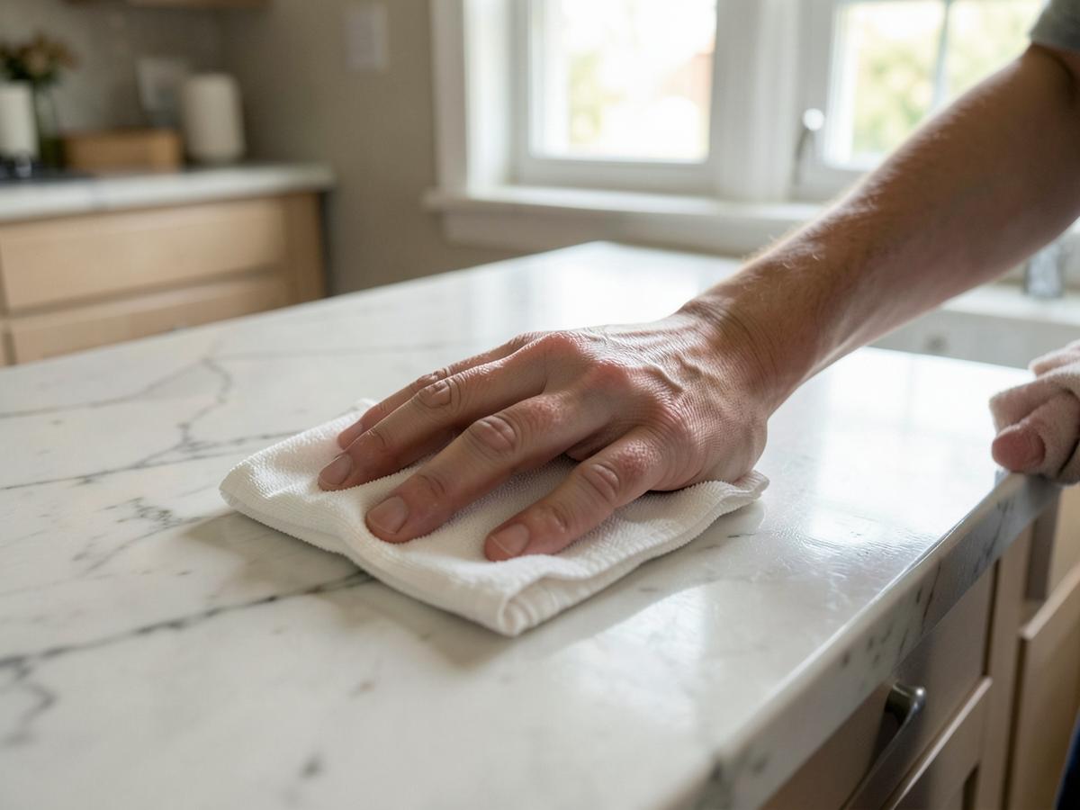 Close detail of a cleaner wiping a marble kitchen counter with a microfiber cloth